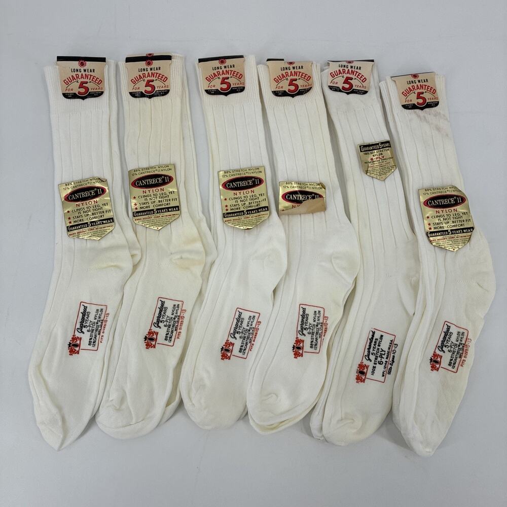Vintage Cantrece II Socks Size 10-13 White Nylon 5 Year Guarantee 1960s Lot Of 6
